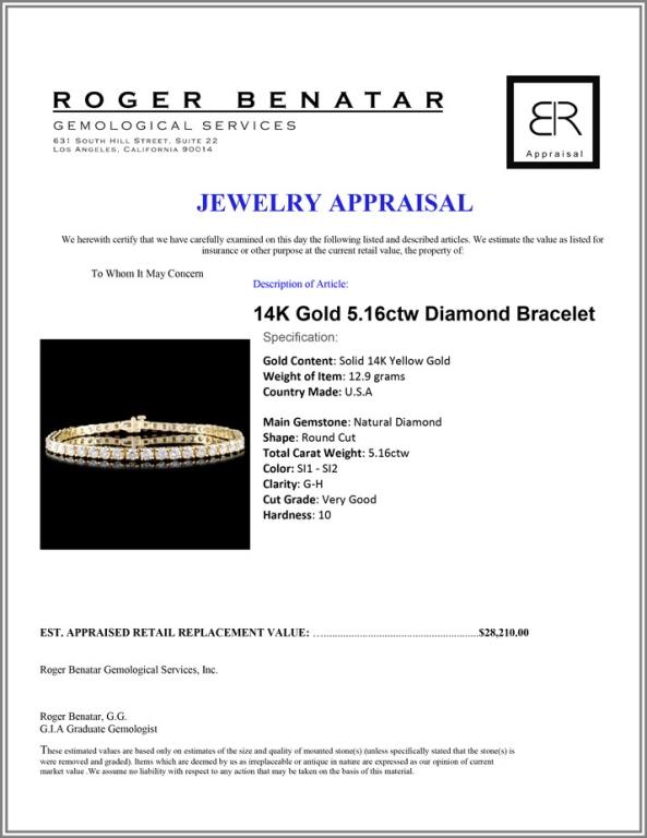 14K Gold 5.16ctw Diamond Bracelet