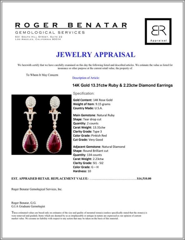 14K Gold 13.31ctw Ruby & 2.23ctw Diamond Earrings