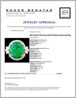 18K Gold 6.19ct Emerald & 0.82ctw Diamond Ring