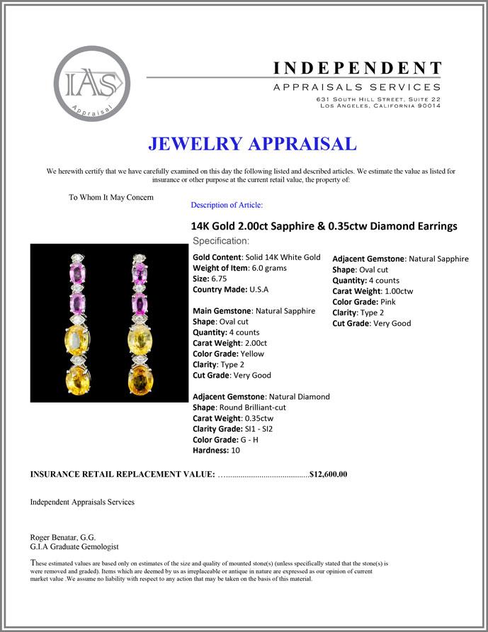 14K Gold 2.00ct Sapphire & 0.35ctw Diamond Earring