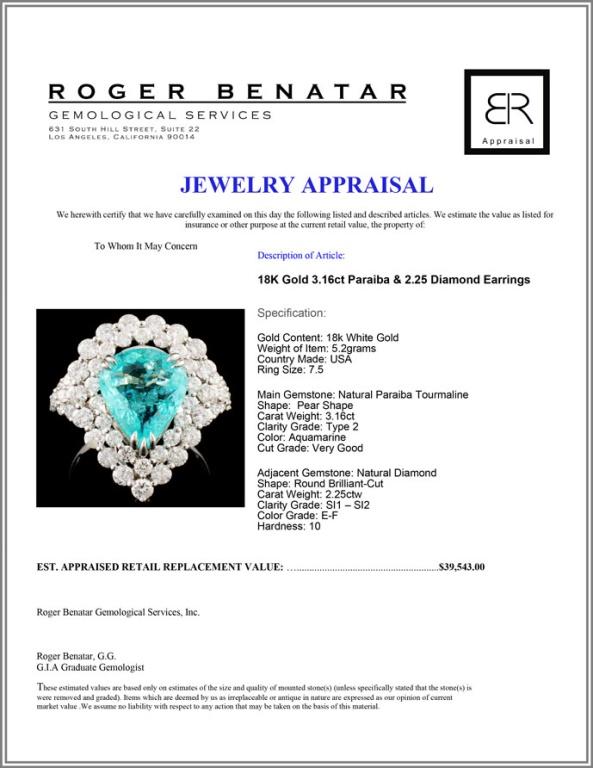 18K Gold 3.16ct Paraiba & 2.25 Diamond Ring