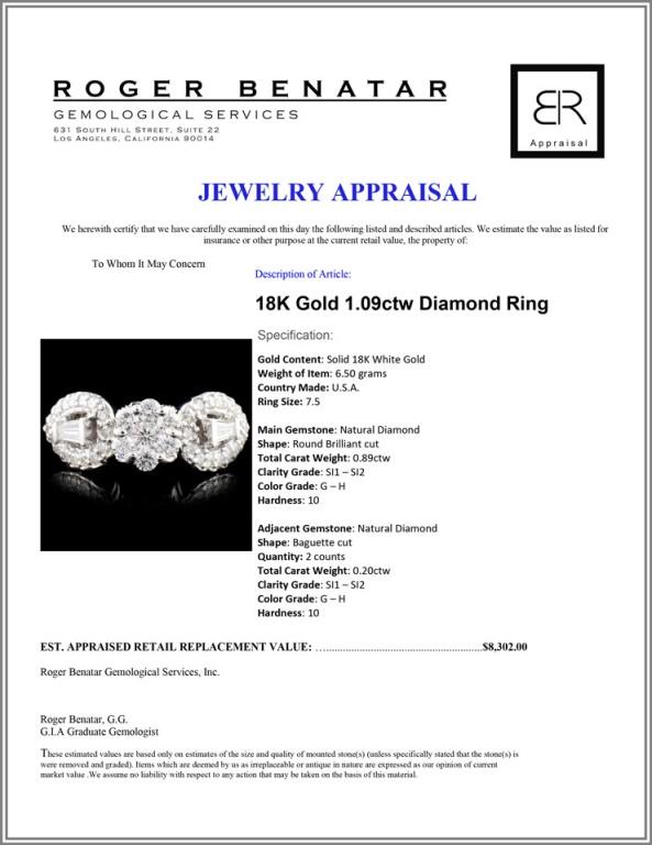 18K Gold 1.09ctw Diamond Ring