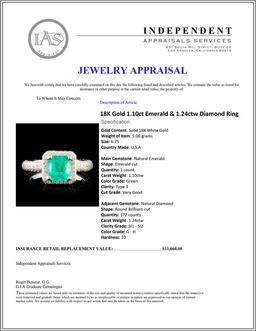 18K Gold 1.10ct Emerald & 1.24ctw Diamond Ring