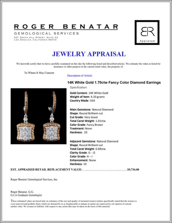 14K White Gold 1.70ctw Fancy Color Diamond Earring