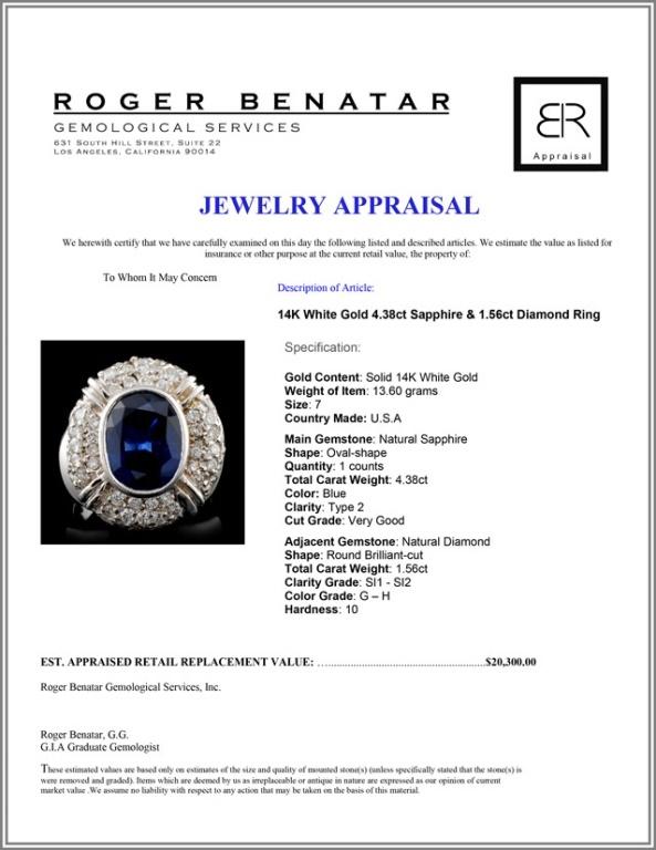 14K White Gold 4.38ct Sapphire & 1.56ct Diamond Ri