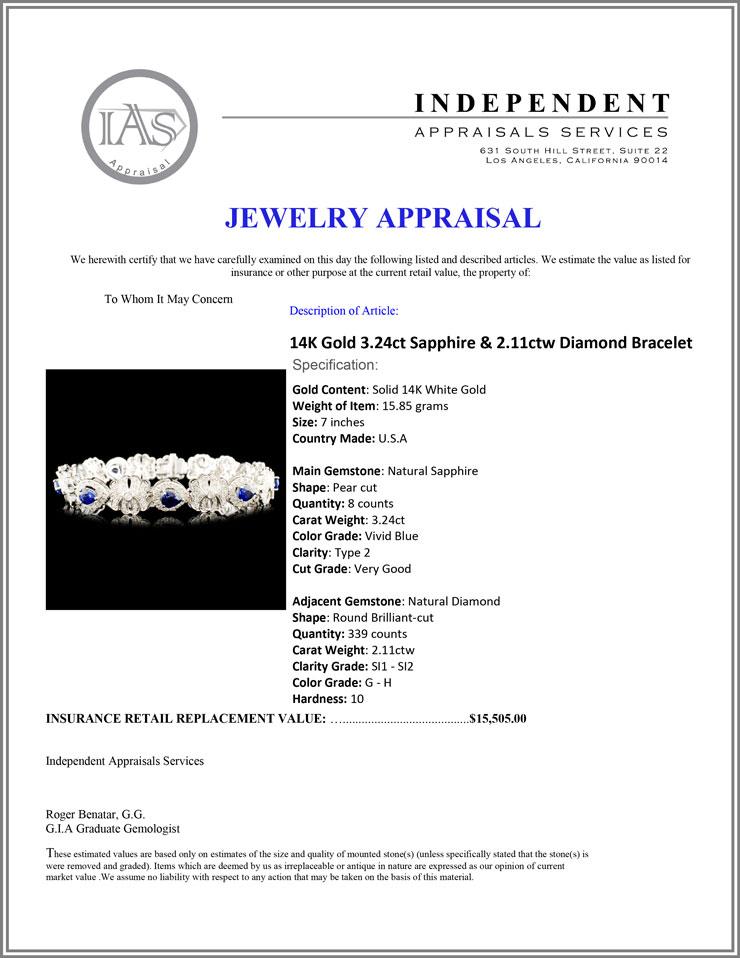 14K Gold 3.24ct Sapphire & 2.11ctw Diamond Bracele