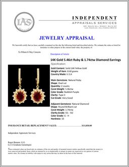 14K Gold 5.46ct Ruby & 1.74ctw Diamond Earrings