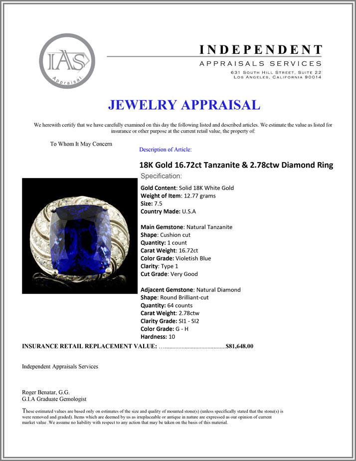18K Gold 16.72ct Tanzanite & 2.78ctw Diamond Ring