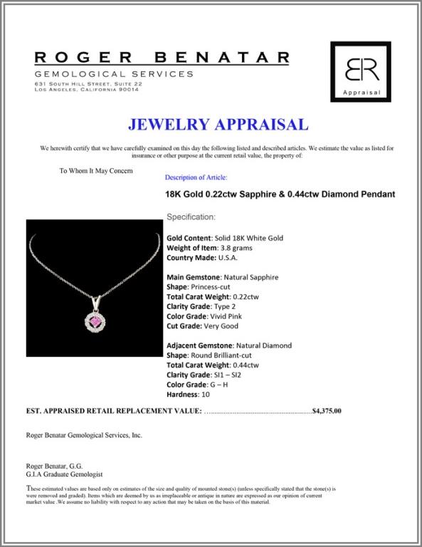 18K Gold 0.22ctw Sapphire & 0.44ctw Diamond Pendan