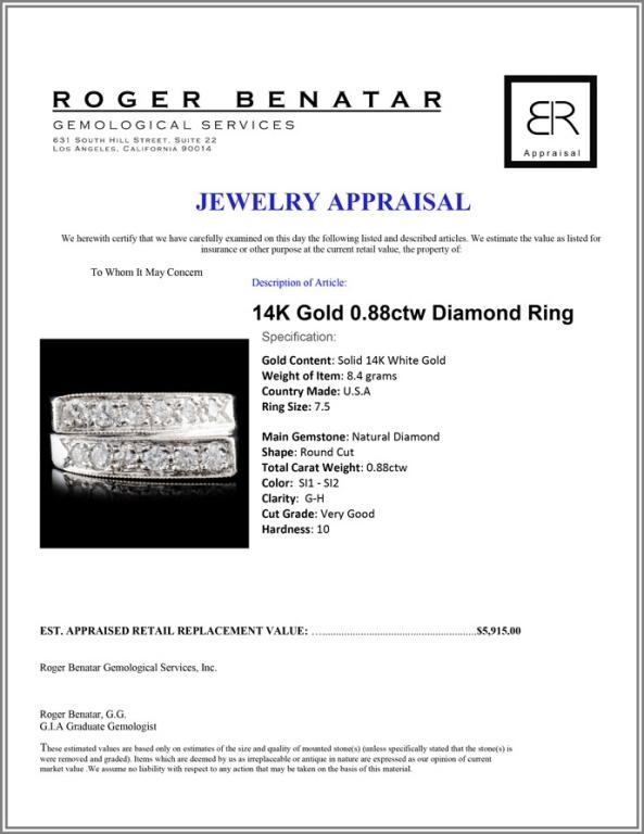 14K Gold 0.88ctw Diamond Ring