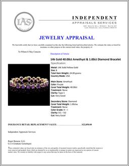 14k Gold 40.00ct Amethyst & 1.00ct Diamond Bracel