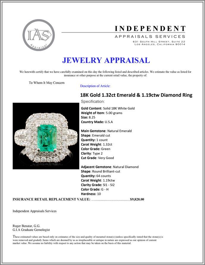 18K Gold 1.32ct Emerald & 1.19ctw Diamond Ring