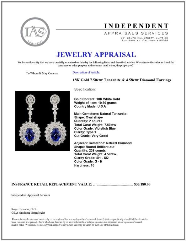 18K Gold 7.50ctw Tanzanite & 4.58ctw Diamond Earri