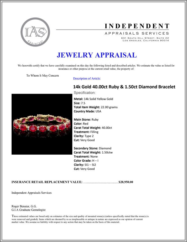 14k Gold 40.00ct Ruby & 1.50ct Diamond Bracelet