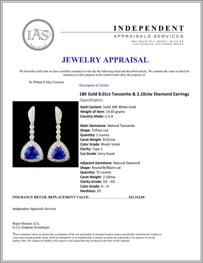 18K Gold 8.01ct Tanzanite & 2.10ctw Diamond Earrin