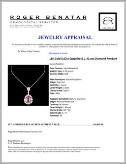 18K Gold 3.02ct Sapphire & 1.41ctw Diamond Pendant