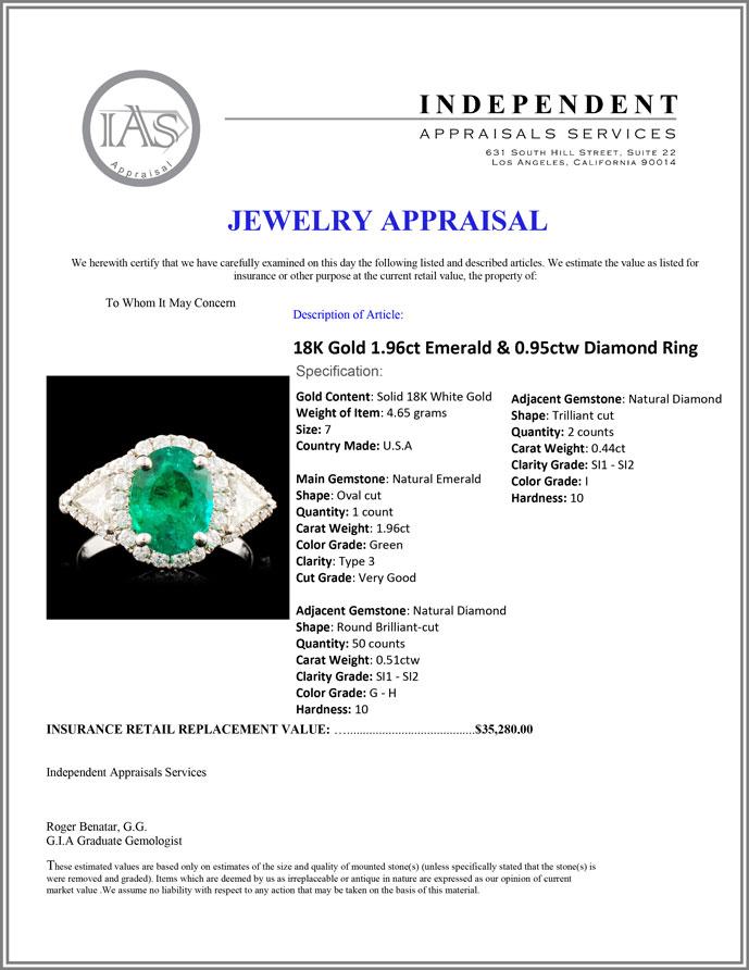 18K Gold 1.96ct Emerald & 0.95ctw Diamond Ring
