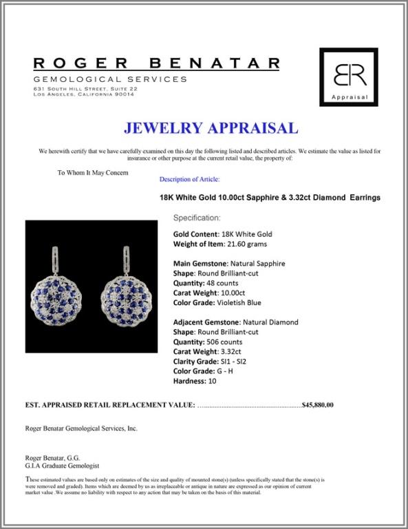 18K White Gold 10.00ct Sapphire & 3.32ct Diamond E