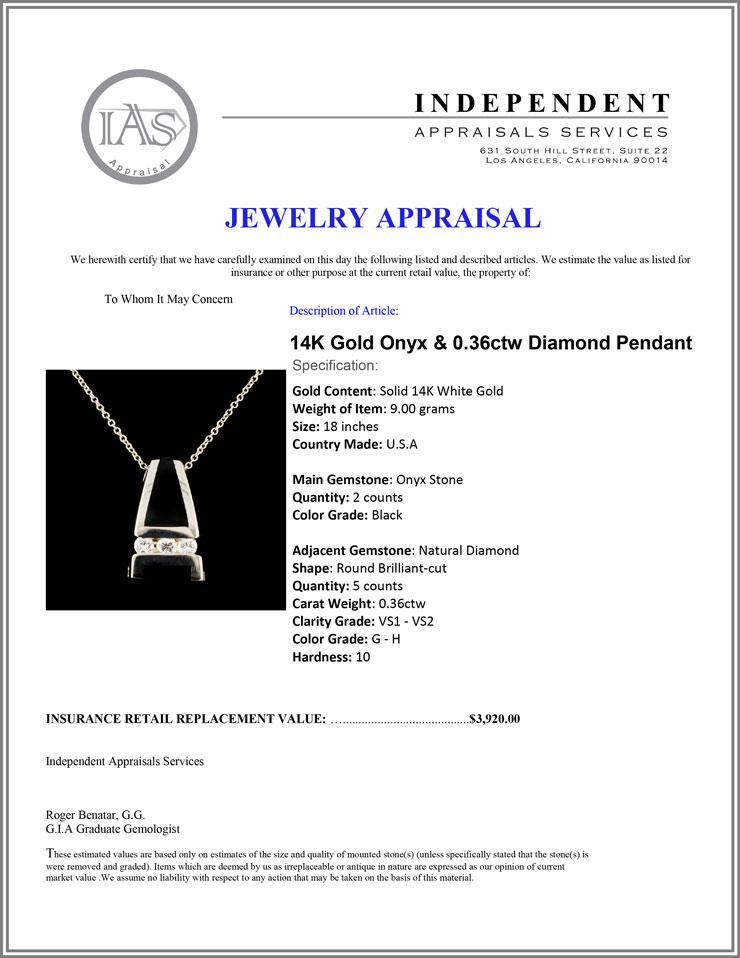 14K Gold Onyx & 0.36ctw Diamond Pendant