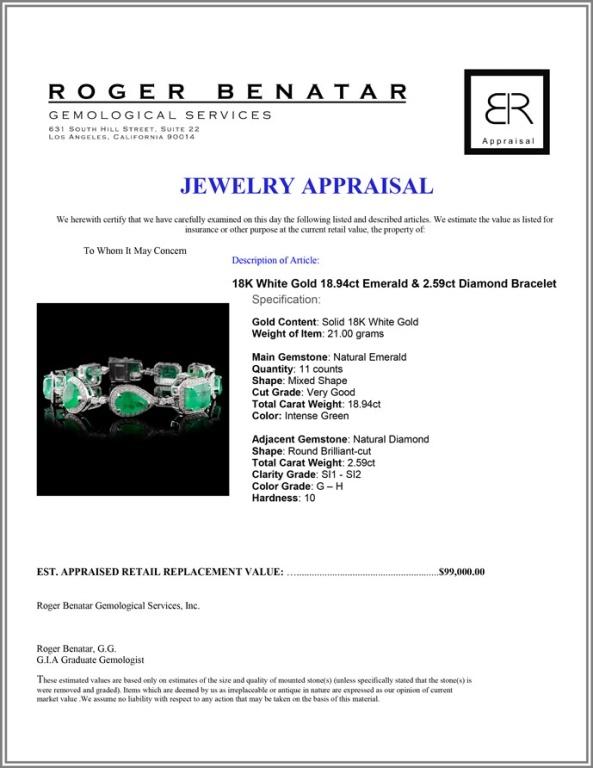18K White Gold 18.94ct Emerald & 2.59ct Diamond Br