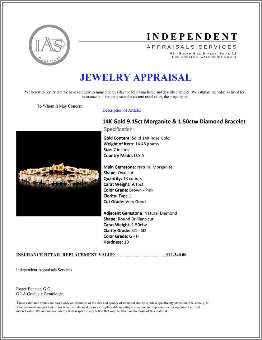 14K Gold 9.15ct Morganite & 1.50ctw Diamond Bracel