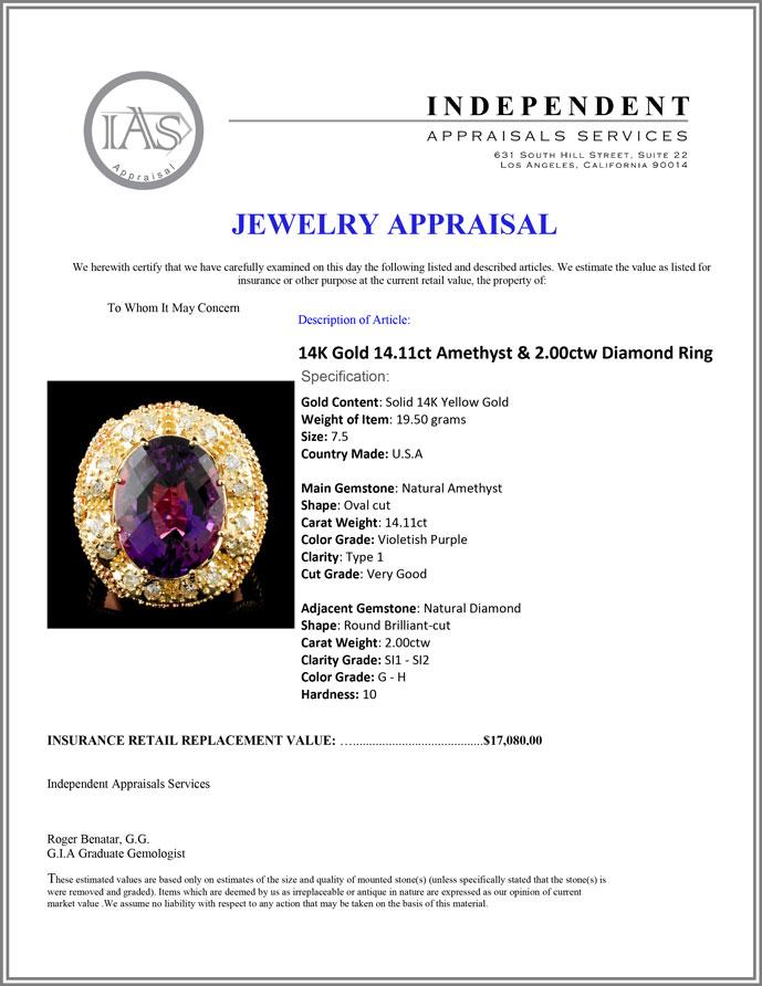 14K Gold 14.11ct Amethyst & 2.00ctw Diamond Ring