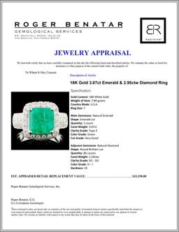 18K Gold 3.07ct Emerald & 2.95ctw Diamond Ring