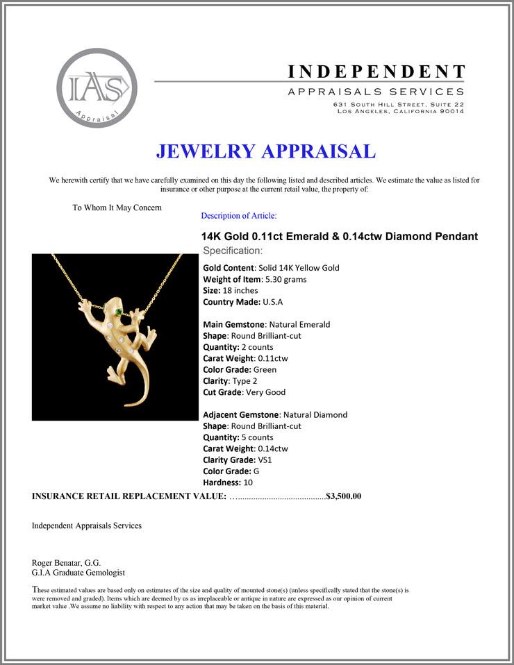 14K Gold 0.11ct Emerald & 0.14ctw Diamond Pendant