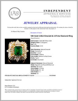 18K Gold 3.00ct Emerald & 2.57ctw Diamond Ring