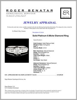 Solid Platinum 0.98ctw Diamond Ring