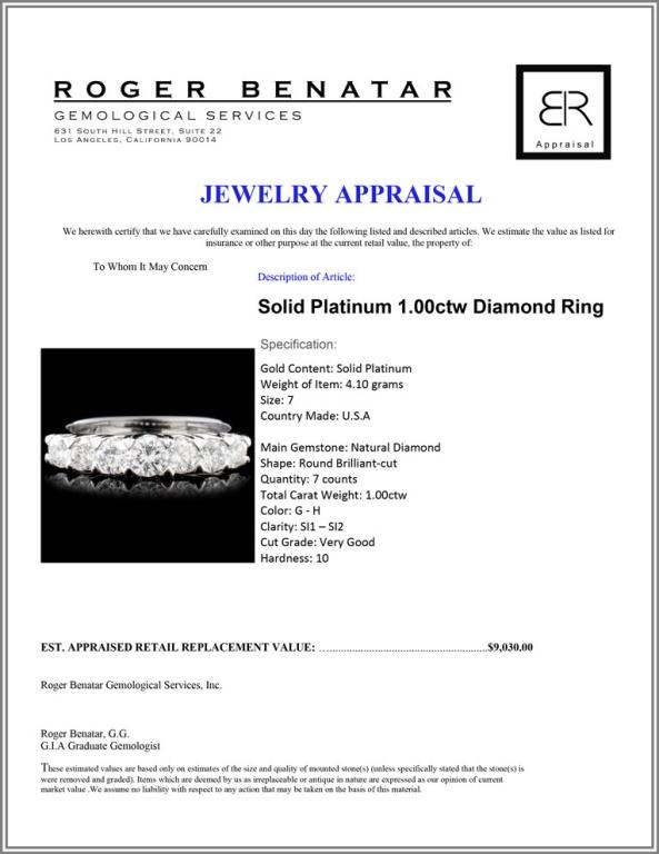 Solid Platinum 1.00ctw Diamond Ring