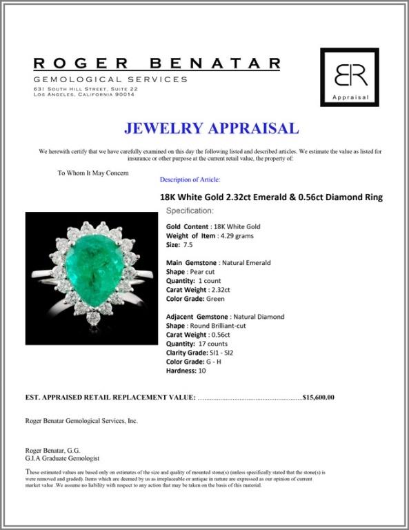 18K White Gold 2.32ct Emerald & 0.56ct Diamond Rin