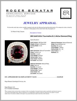 18K Gold 8.65ct Tourmaline & 1.44ctw Diamond Ring