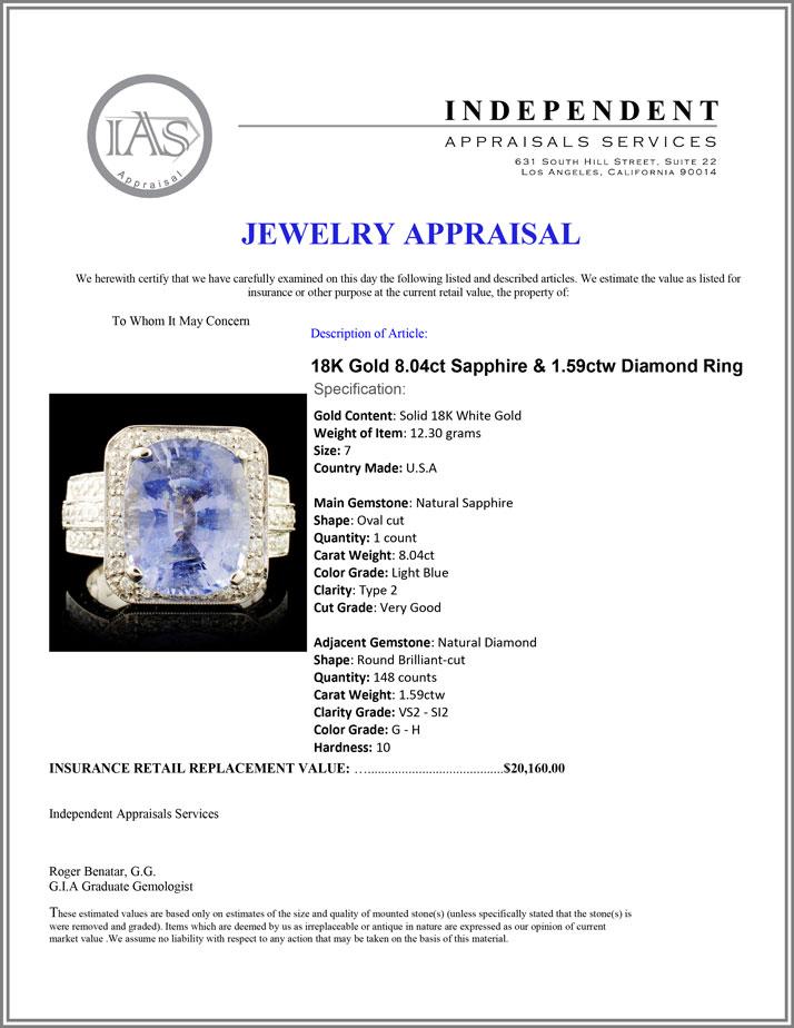 18K Gold 8.04ct Sapphire & 1.59ctw Diamond Ring