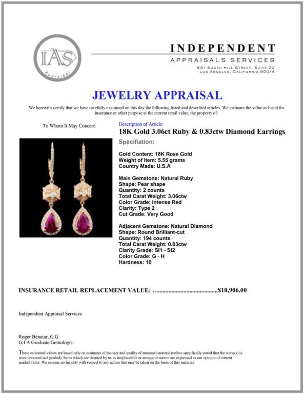 18K Gold 3.06ct Ruby & 0.83ctw Diamond Earrings