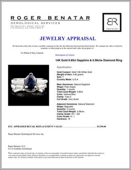14K Gold 0.65ct Sapphire & 0.56ctw Diamond Ring