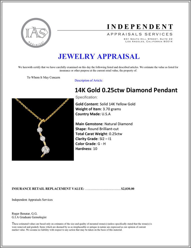 14K Gold 0.25ctw Diamond Pendant