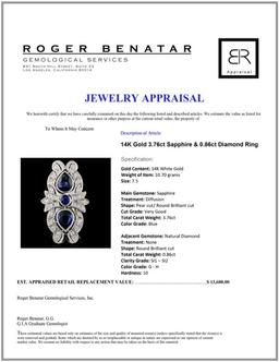 14K Gold 3.76ct Sapphire & 0.86ct Diamond Ring