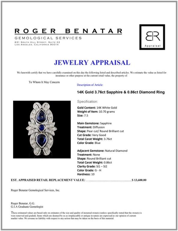14K Gold 3.76ct Sapphire & 0.86ct Diamond Ring