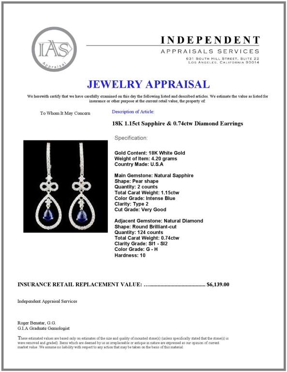 18K Gold 1.15ct Sapphire & 0.74ctw Diamond Earring