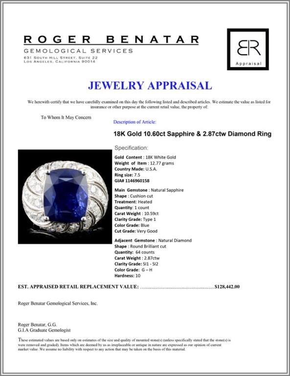 18K Gold 10.60ct Sapphire & 2.87ctw Diam Ring