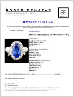 18K Gold 3.19ct Sapphire & 0.73ctw Diamond Ring