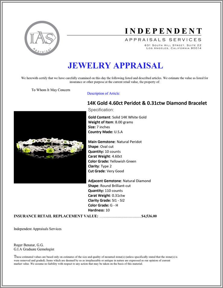 14K Gold 4.60ct Peridot & 0.31ctw Diamond Bracelet