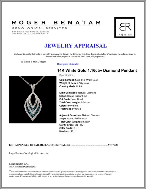 14K White Gold 1.16ctw Diamond Pendant