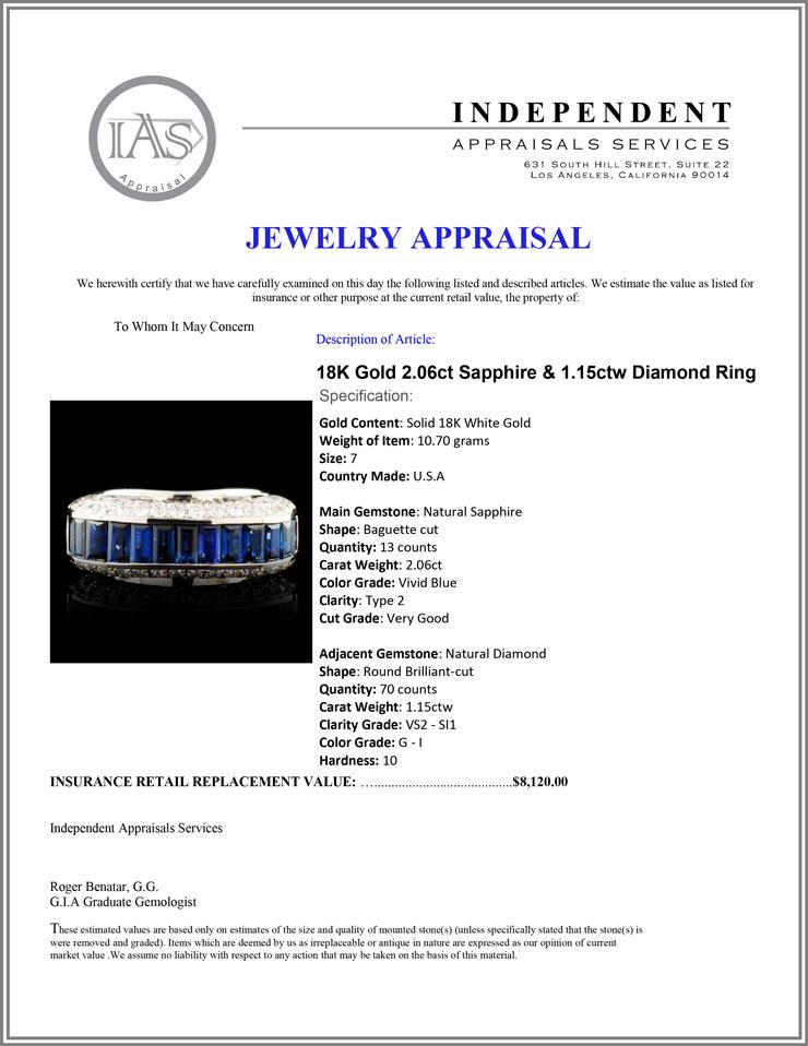 18K Gold 2.06ct Sapphire & 1.15ctw Diamond Ring