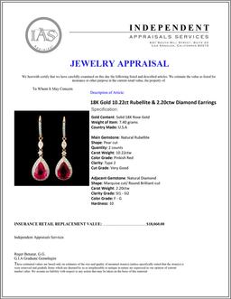 18K Gold 10.22ct Rubellite & 2.20ctw Diamond Earri