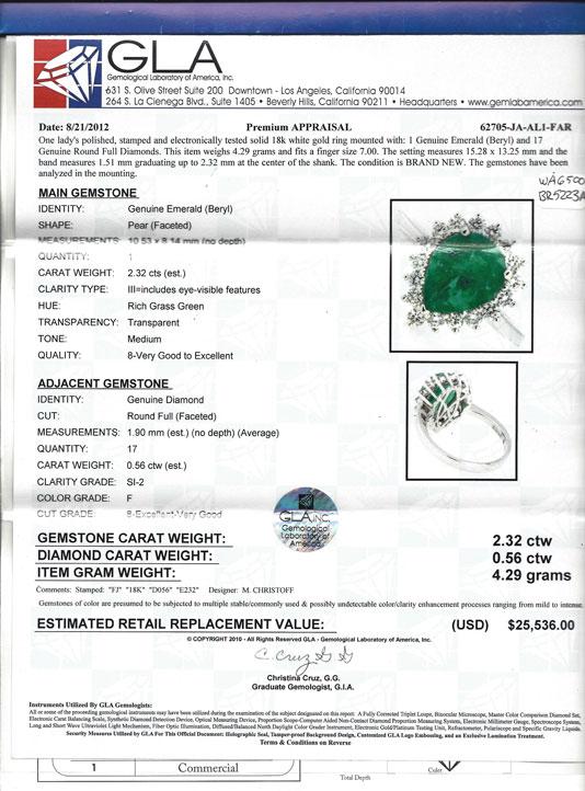 18K Gold 2.32ct Emerald & 0.56ctw Diamond Ring