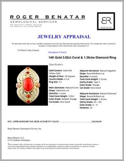 14K Gold 3.02ct Coral & 1.35ctw Diamond Ring