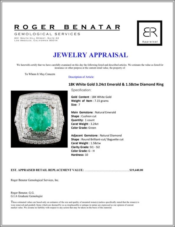18K White Gold 3.24ct Emerald & 1.58ctw Diamond Ri