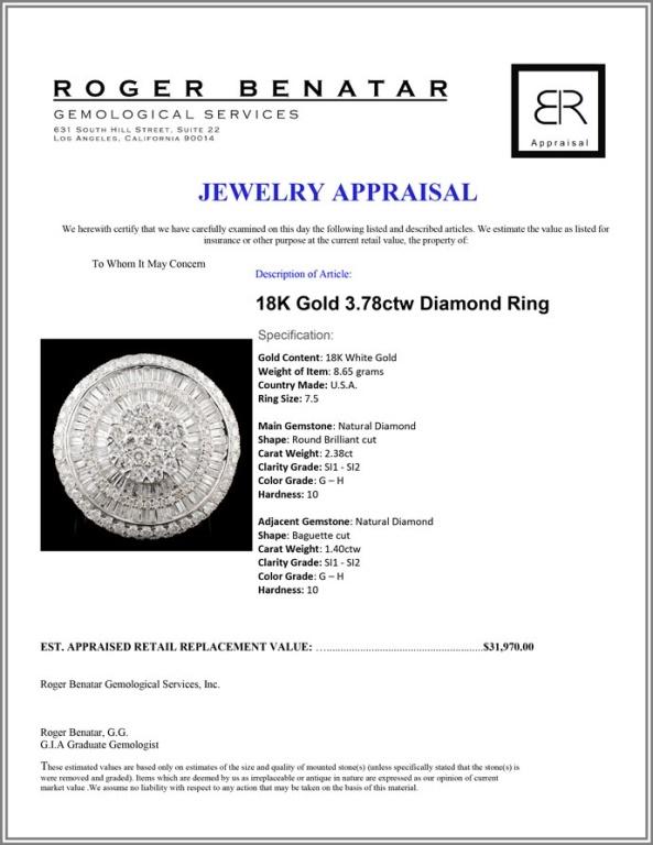 18K Gold 3.78ctw Diamond Ring